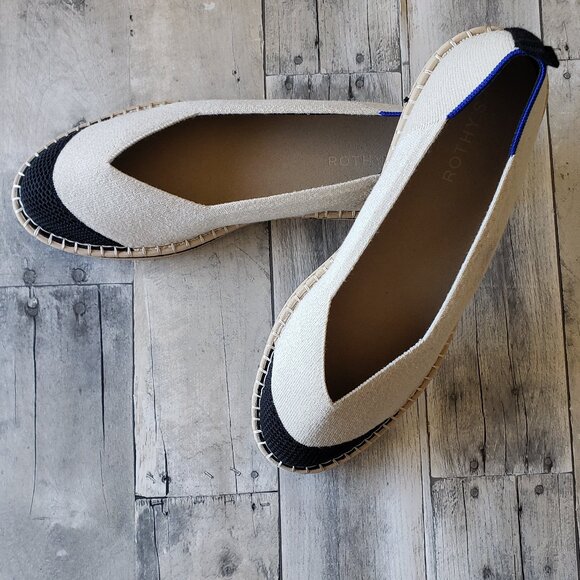 ROTHY'S The Espadrille Boardwalk Flats Ivory Black Women's - Size 13 - Picture 1 of 5